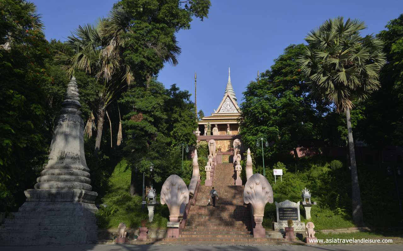 The entrance at Wat Phnom temple in Phnom Penh Cambodia