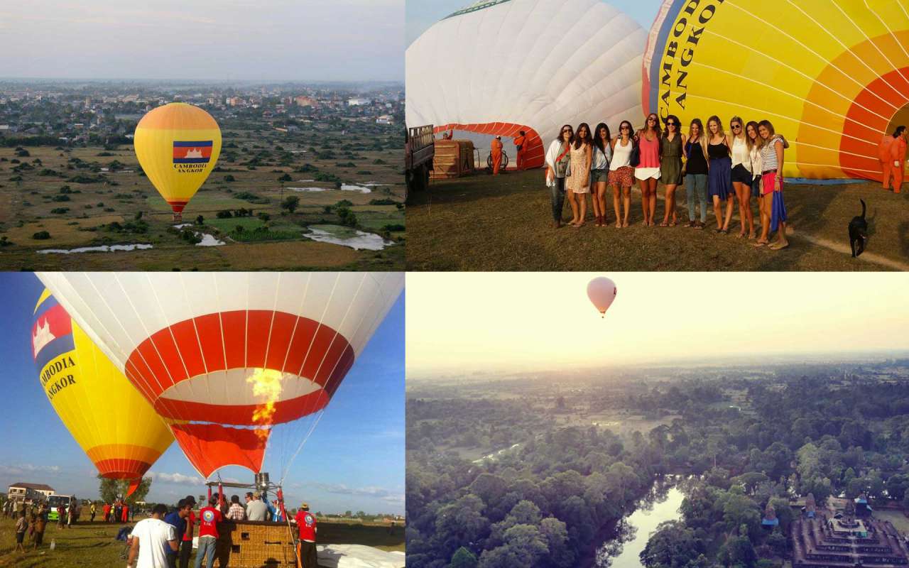 Flying in a hot air balloon over Angkor Wat in Cambodia