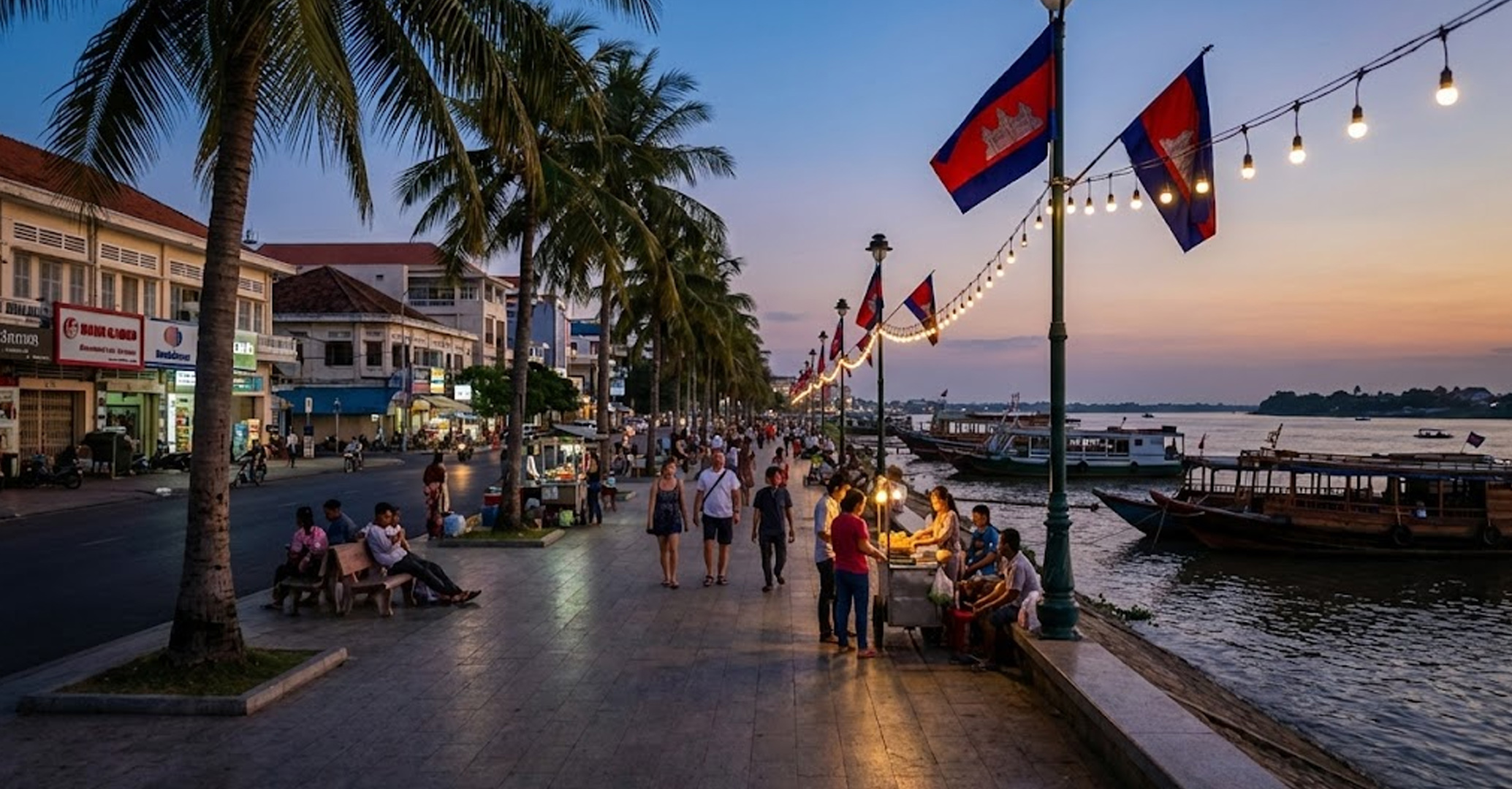 Tourists and locals walking along the Sisowath Quay riverfront in Phnom Penh at dusk.