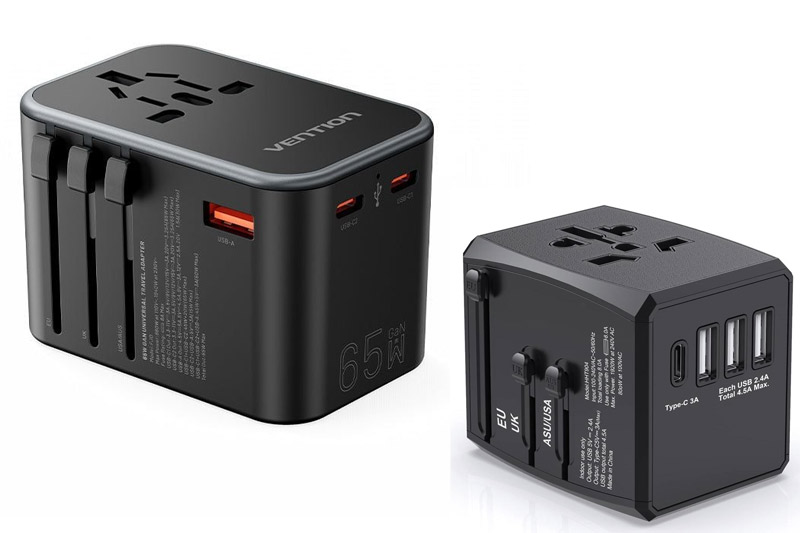 Universal travel adapter showing multiple pin configurations suitable for Type A, C, and G plug sockets in Cambodia