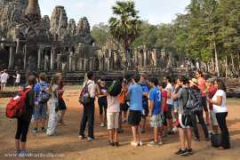 Foreign students  are visiting the Angkor Wat temple in Siem Reap, Cambodia